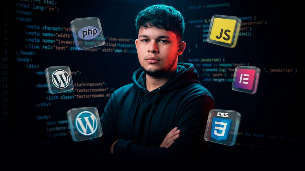 Jhonatan Dev em frente a um painel de código